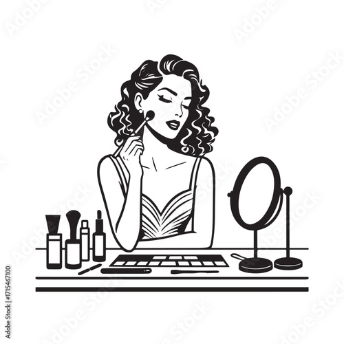 Black and white line art of a beautiful woman doing makeup at dressing table with mirror illustration
