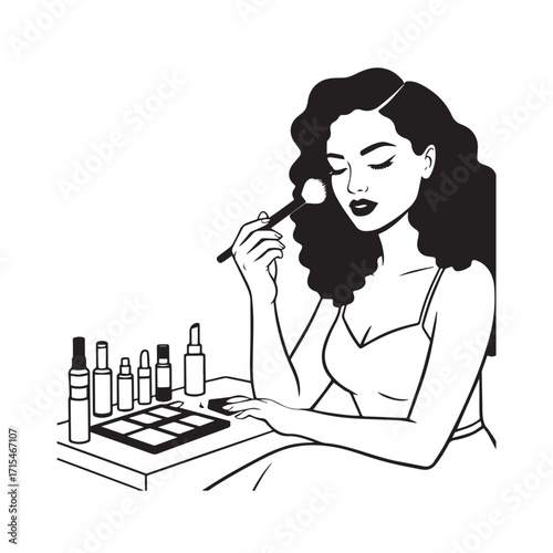 Black and white line art of a beautiful woman doing makeup at dressing table with mirror illustration
