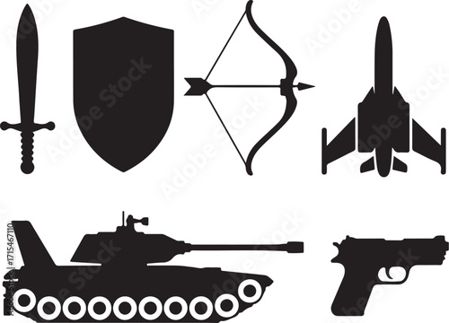 Diverse weaponry icons: sword, shield, bow, jet, tank, gun