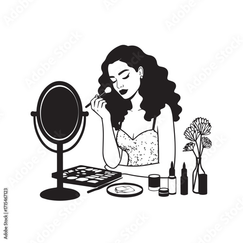 Black and white line art of a beautiful woman doing makeup at dressing table with mirror illustration
