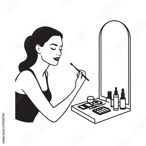 Black and white line art of a beautiful woman doing makeup at dressing table with mirror illustration
