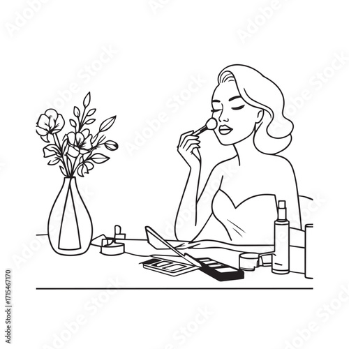 Black and white line art of a beautiful woman doing makeup at dressing table with mirror illustration
