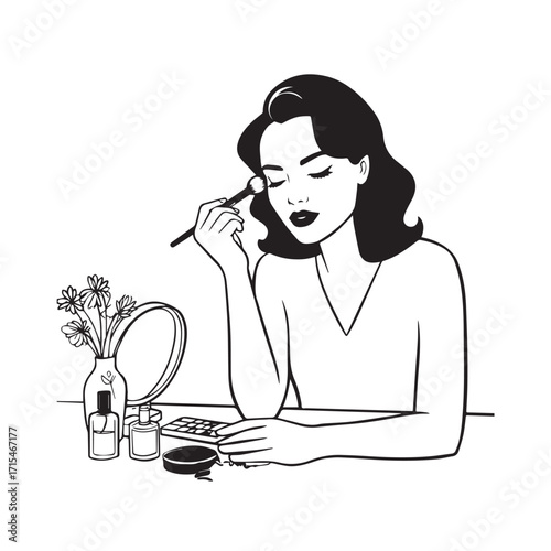 Black and white line art of a beautiful woman doing makeup at dressing table with mirror illustration
