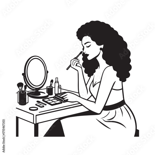 Black and white line art of a beautiful woman doing makeup at dressing table with mirror illustration
