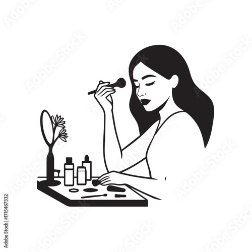 Black and white line art of a beautiful woman doing makeup at dressing table with mirror illustration
