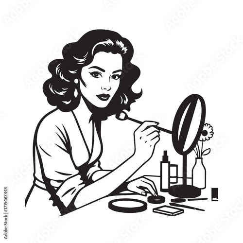 Black and white line art of a beautiful woman doing makeup at dressing table with mirror illustration

