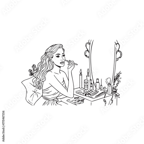 Black and white line art of a beautiful woman doing makeup at dressing table with mirror illustration
