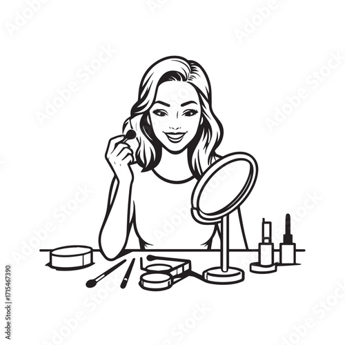 Black and white line art of a beautiful woman doing makeup at dressing table with mirror illustration
