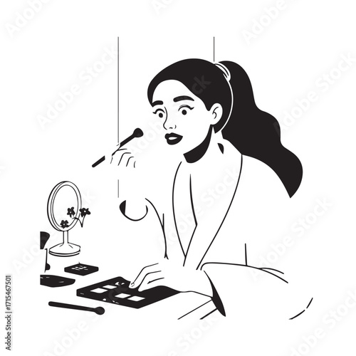 Black and white line art of a beautiful woman doing makeup at dressing table with mirror illustration
