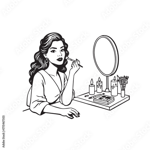 Black and white line art of a beautiful woman doing makeup at dressing table with mirror illustration
