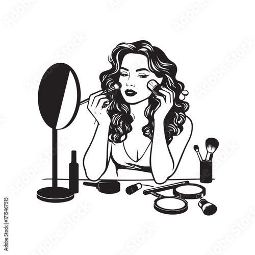 Black and white line art of a beautiful woman doing makeup at dressing table with mirror illustration
