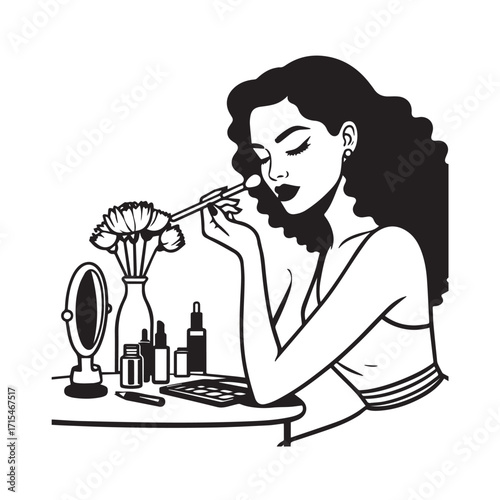 Black and white line art of a beautiful woman doing makeup at dressing table with mirror illustration
