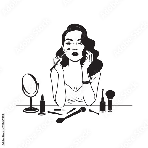 Black and white line art of a beautiful woman doing makeup at dressing table with mirror illustration
