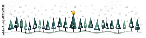 advent calendar 1 to 24 on green christmas trees, isolated on white background, watercolor vector illustration for web banner, marketing and advertising
