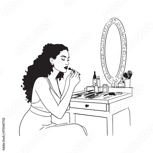 Black and white line art of a beautiful woman doing makeup at dressing table with mirror illustration
