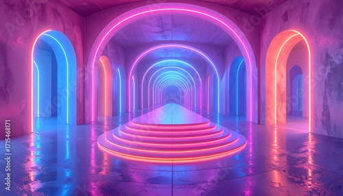 Fototapeta Naklejka Na Ścianę i Meble -  A vibrant neon-lit archway tunnel with a raised platform, showcasing a striking contrast of vibrant colors and a modern, futuristic aesthetic.