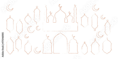 Elegant Ramadan Kareem Outline Illustration with Mosque, Lanterns, and Crescent Moons Design