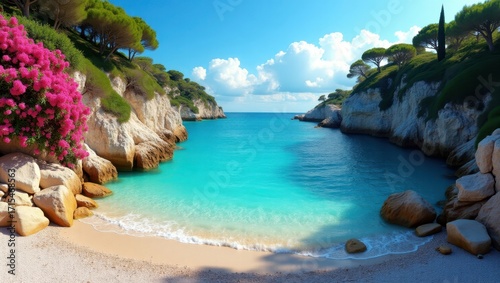 A tranquil coastal scene showcases a turquoise cove nestled between dramatic white cliffs, adorned with lush greenery and vibrant pink flowers.