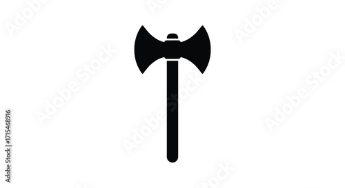 Simple black silhouette of a double bladed battle axe on white background