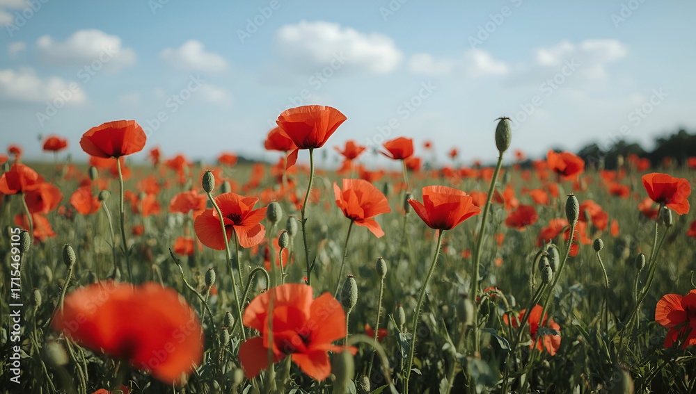 Fototapeta premium Vibrant red poppies in a lush green field nature scene bright sky background lucid realism