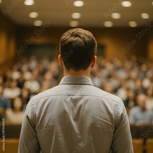 Man standing on stage facing large seated audience in auditorium, concept of leadership, presentation, conference, seminar, keynote speech, business communication and public speaking