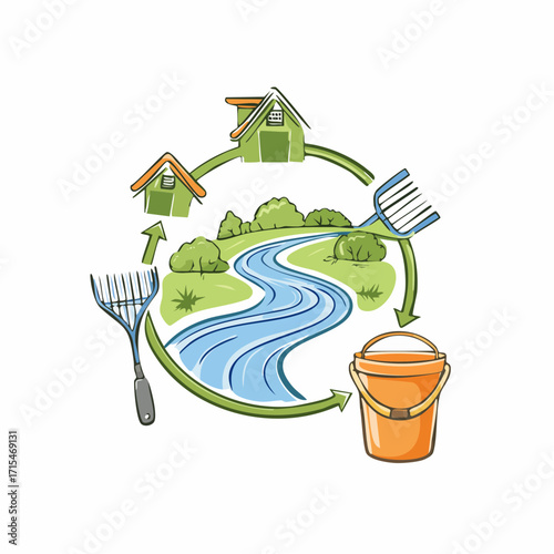 Vector fly flying icon of houses, stream, bucket, and farming tools in a cyclical, environmentally friendly composition