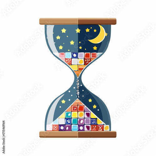 Vector illustration of an hourglass with dice flying out, representing the passage of time and chance, like a starry night sky