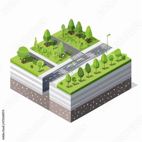 Isometric Vector Illustration A Bird's-Eye View of a Flyover, Flying Above Cityscape and Greenery