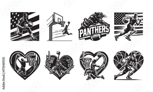 Basketball Player Dribbling Near American Flag and Panther Mascot Logo Set Keywords: basketball, player, dribbling, American flag, USA, Bundle