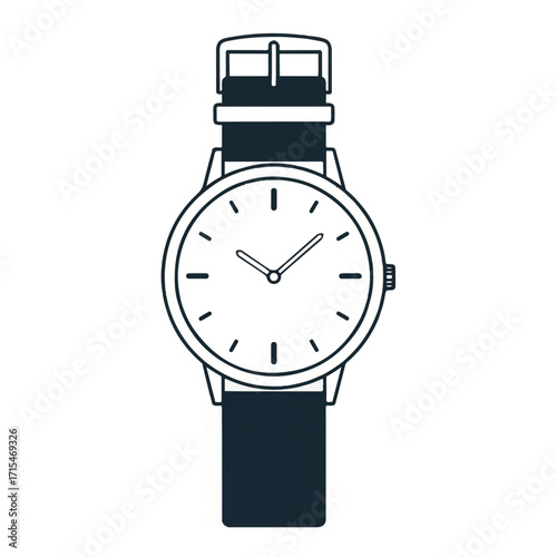 A minimalist line drawing of a wristwatch with a white face and black strap on a plain white background.