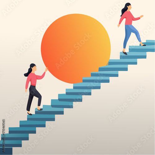 Two Women Climbing Stairs With Giant Orange Sphere, Conceptual Vector Illustration of Effort and Achievement, Fly to Success