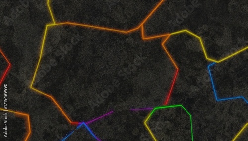 Abstract design with vibrant neon lines outlining irregular shapes on a dark textured background.