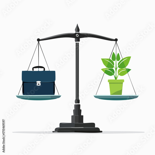 A vector illustration depicting the delicate balance between a flying career and personal growth, where a briefcase and plant fly in equilibrium on a justice scale
