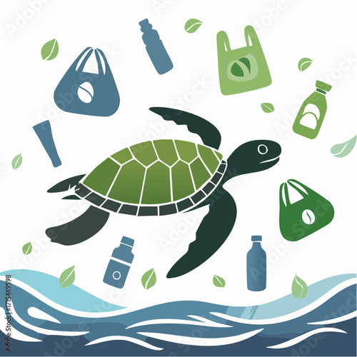 Illustration of a sea turtle with various recyclable plastic items like bottles and bags flying around it, representing the environmental issue of pollution in the ocean, vector art