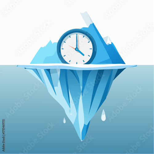 Vector Illustration of a Melting Iceberg with a Clock Floating on Top, Symbolizing Time Running Out and Climate Change