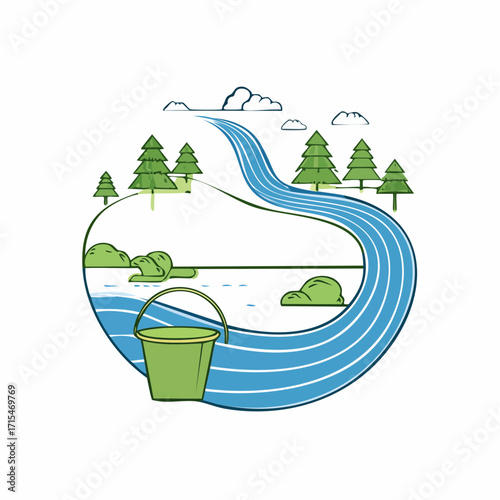 Scenic Vector Landscape with Flowing River and Fly Fishing in Nature Serene Outdoor Illustration