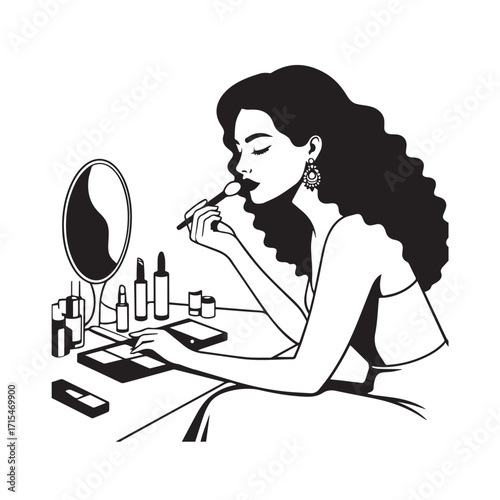 Black and white line art of a beautiful woman doing makeup at dressing table with mirror illustration