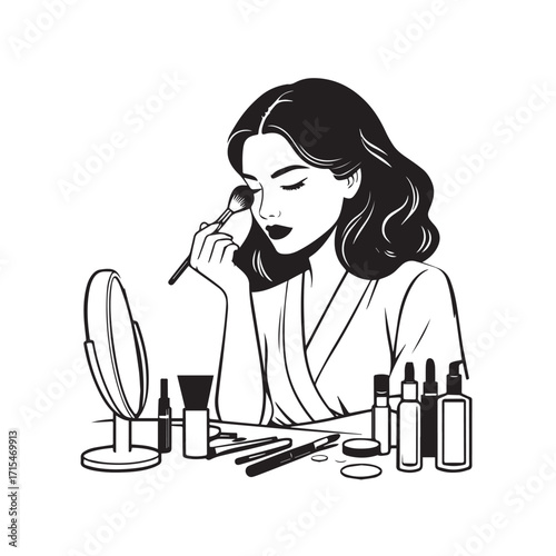 Black and white line art of a beautiful woman doing makeup at dressing table with mirror illustration
