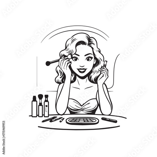 Black and white line art of a beautiful woman doing makeup at dressing table with mirror illustration
