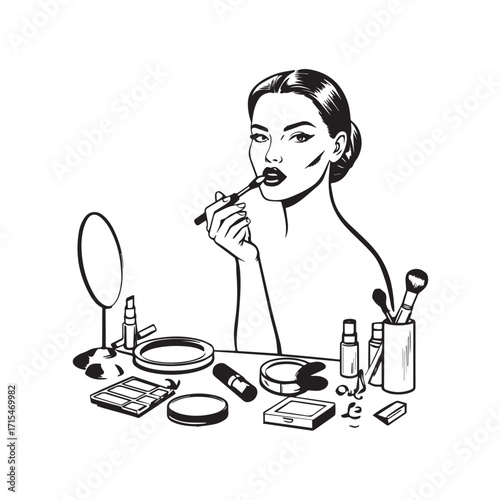 Black and white line art of a beautiful woman doing makeup at dressing table with mirror illustration