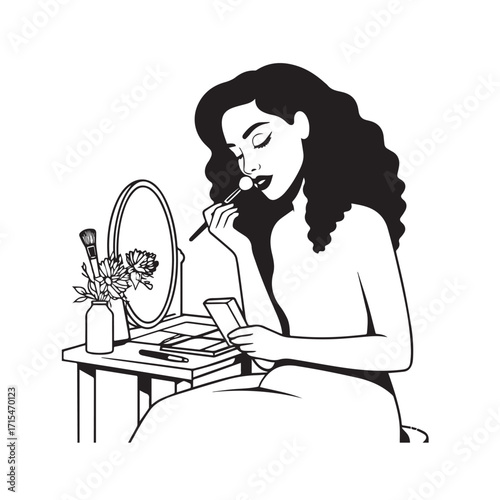 Black and white line art of a beautiful woman doing makeup at dressing table with mirror illustration