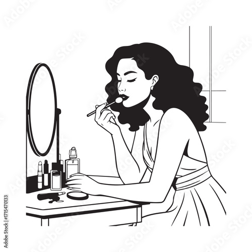Black and white line art of a beautiful woman doing makeup at dressing table with mirror illustration