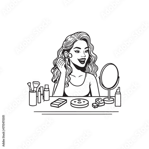Black and white line art of a beautiful woman doing makeup at dressing table with mirror illustration