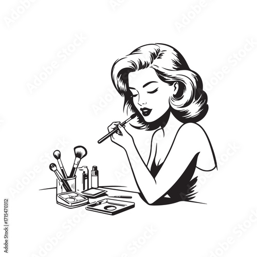 Black and white line art of a beautiful woman doing makeup at dressing table with mirror illustration
