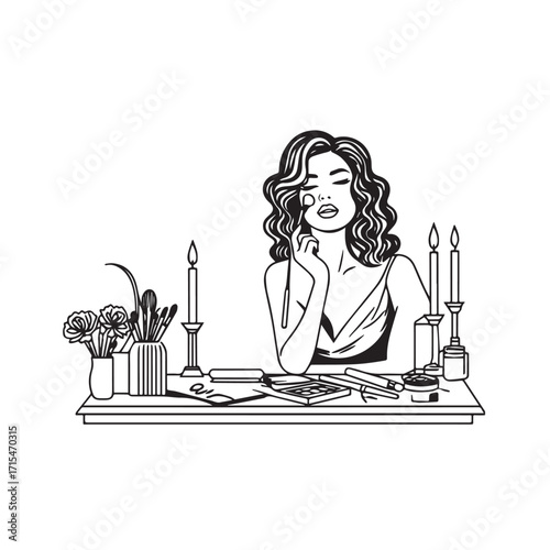 Black and white line art of a beautiful woman doing makeup at dressing table with mirror illustration