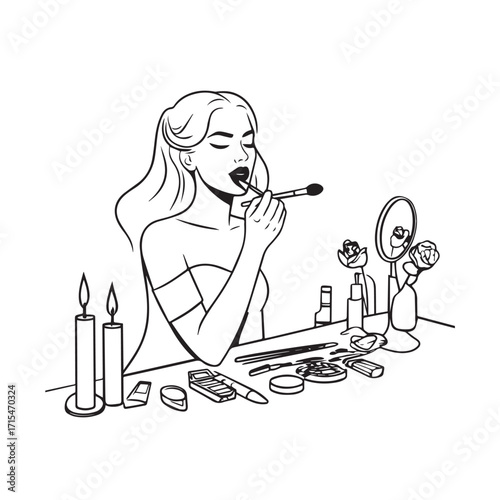 Black and white line art of a beautiful woman doing makeup at dressing table with mirror illustration