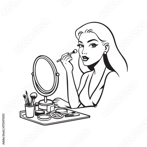 Black and white line art of a beautiful woman doing makeup at dressing table with mirror illustration