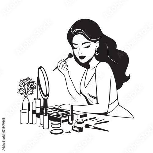 Black and white line art of a beautiful woman doing makeup at dressing table with mirror illustration