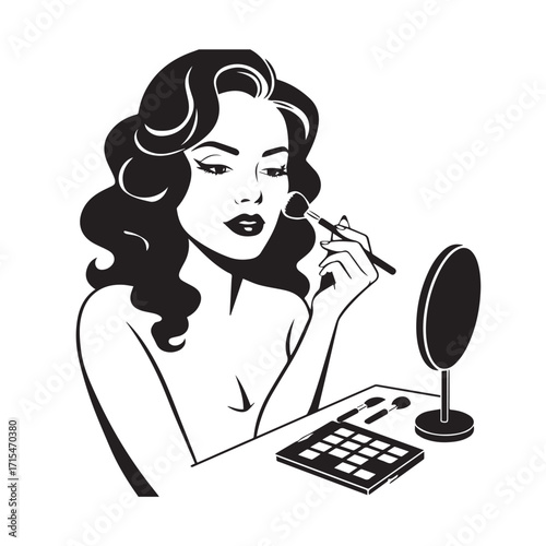 Black and white line art of a beautiful woman doing makeup at dressing table with mirror illustration