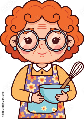 Cartoon grandma holding a mixing bowl and whisk.